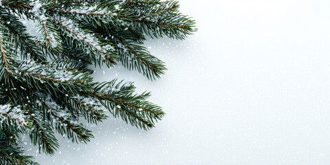 Tannenzweige mit Schnee auf weissen Hintergrund. Als Postkarte Werbebanner f&uuml;r Weihnachten