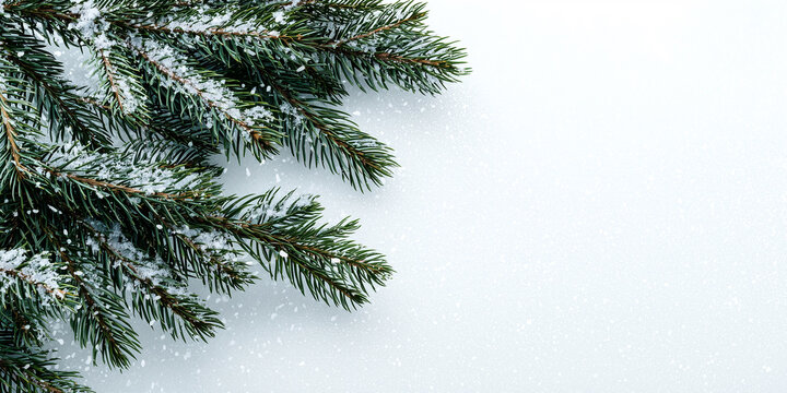 Tannenzweige mit Schnee auf weissen Hintergrund. Als Postkarte Werbebanner f&uuml;r Weihnachten