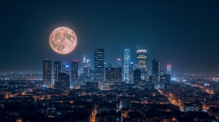 Obraz premium City panorama under the full moon - the atmosphere of the mid-autumn festival in a modern city