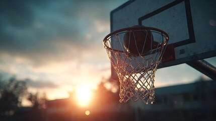 Naklejka premium Basketball dropping into the hoop against a beautiful, warm sunset sky. Iconic sports moment, victory, and inspirational achievement.