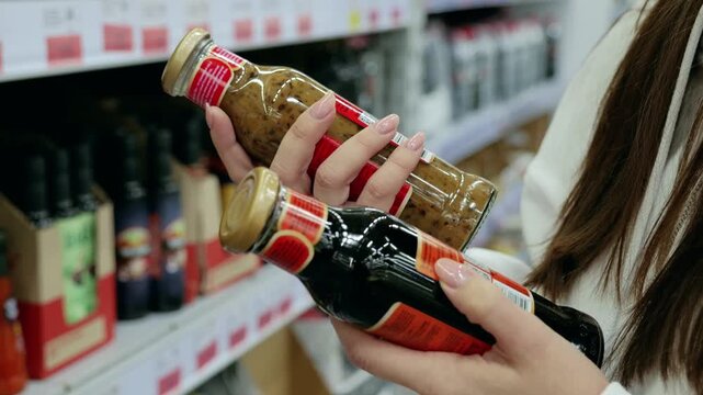 Young woman is comparing two bottles of sauce while shopping in a supermarket. She is holding the bottles in her hands and deciding which one to buy