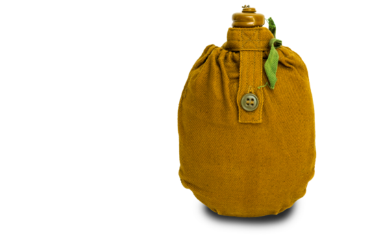 Teardrop-shaped military water bottle in a brown fabric case with ropes and buttons for attaching to a belt. Transparent background with shadow.