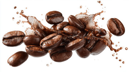 Obraz premium Close up of fresh roasted coffee beans with liquid splash