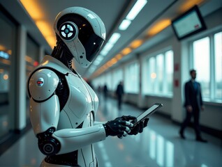 A humanoid robot interacts with a tablet device in a futuristic hallway with a blurred person walking by.
