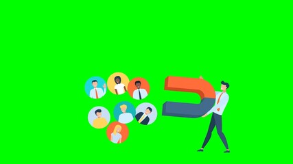 Man with magnet and people in run to it. Customer acquisition, marketing. Search, attraction of target audience, new subscribers. Social network promotion marketing. 2d flat animation. Alpha channel