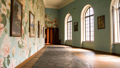 Fototapeta premium Elegant hallway with floral wallpaper