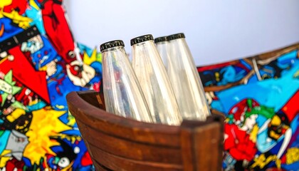 Vintage glass bottles in rustic wooden carrier with whimsical backdrop