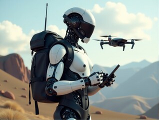 Naklejka premium A humanoid robot controls a flying drone in a desert, with mountains in the background.