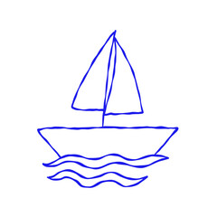 Sailboat Ship Blue Sketch. Vintage Yacht Sail Boat. Hand Drawn Vector Illustration