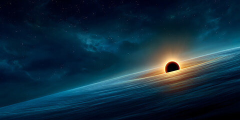 Stunning Horizon Sunrise Over Dark Ocean with Starry Night Sky