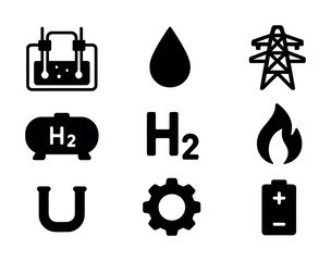 Hydrogen energy icons set featuring h2 symbols and energy infrastructure elements