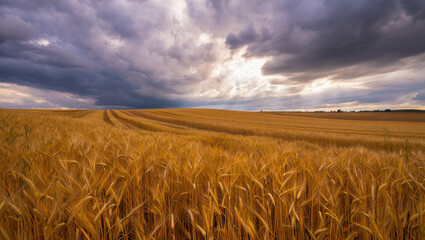 Golden wheat field under a dramatic sky with dark clouds and sunlight breaking through the horizon line
