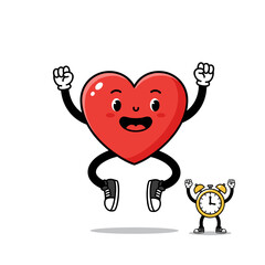 Fototapeta premium Energetic heart mascot jumping with clock