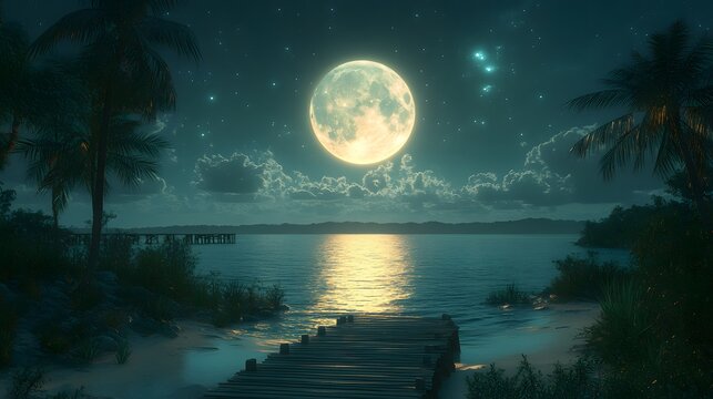 Enchanting full moon shining brightly over a tranquil tropical beach at night, with palm trees, ocean reflections, and starry skies.
