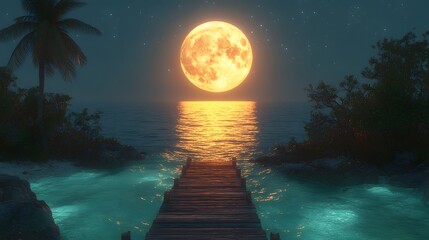 Enchanting full moon shining brightly over a tranquil tropical beach at night, with palm trees, ocean reflections, and starry skies.