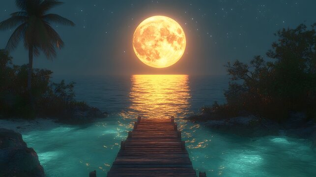 Enchanting full moon shining brightly over a tranquil tropical beach at night, with palm trees, ocean reflections, and starry skies.