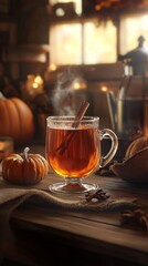Hot spiced pumpkin tea with a dash of vanilla, set on a wooden table with cozy accents. .