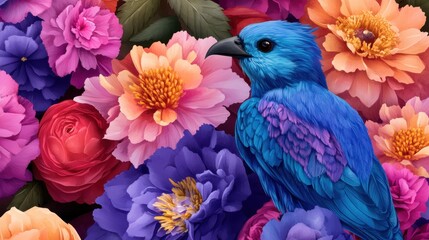 Obraz premium Nature-inspired hand-drawn design of bird and flowers, rich in color and detail