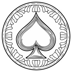 Elegant Spade Playing Card Suit Symbol in Ornate Circular Frame Line Art Illustration