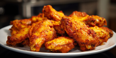 Lecker gegrillte Chickenwings auf einen Teller serviert. H&auml;hnchenteile