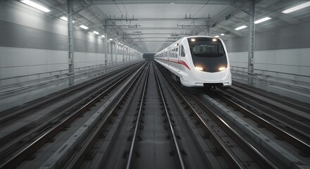 Obraz premium Modern Train Entering Tunnel: Perspective View, Bright Lighting, Clean Design, Transportation Concept.