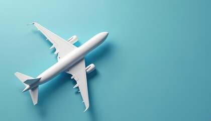 3D render of white airplane flying against plain blue background. Minimalist illustration perfect for travel banners, global transportation themes. Clean design highlights aircraft in motion,