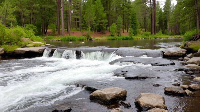 Summer Landscape of the Flambeau River flowing over rocks to form a small waterfall in a pine forest near Loretta, Wisconsin.