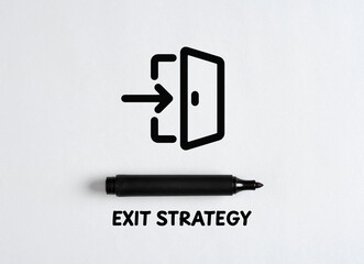 Exit strategy drawn on whiteboard with black marker and exit icon