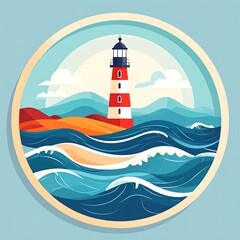 Coastal Lighthouse Beacon Surrounded by Stylized Ocean Waves in Circular Frame, Nautical Seascape With Striped Lighthouse and Vivid Ocean in Decorative Round Motif