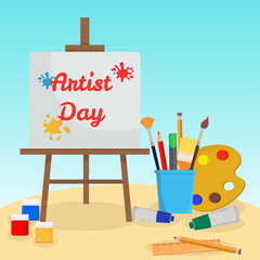 Artist day greeting card with easel color palette gouache brush and painting tools