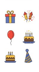 Fototapeta premium Flat vector icons with holiday and celebration themes, including birthday cakes, gifts, balloons, fireworks, and party hats. Suitable for greeting designs, event posters, and greeting applications.