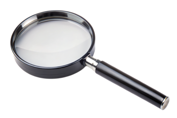 Classic Magnifying Glass with Black Handle for Investigation and Discovery, isolated on a white background.