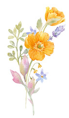 Watercolor Wildflower Bouquet with Yellow Poppies and Lavender Botanical Illustration for Wedding Invitation, Greeting Card, and Decorative Design