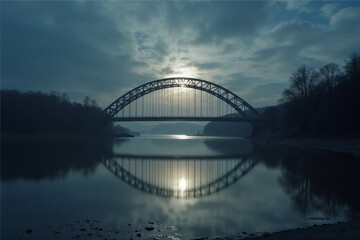 Fototapeta premium Bridge over the river with reflection in the water - atmosphere of silence and harmony. Full Moon Festival
