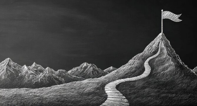 Chalk drawing of a winding path leading up a mountain to a flag on top