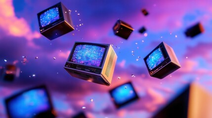 Old televisions float among soft pastel skies, screens flickering with abstract visuals