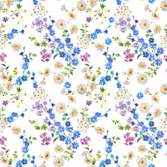 Seamless Wildflower Pattern for Fabric, Wallpaper, and Surface Design , Gouache Painting Style with Daisies and Blue Cornflowers
