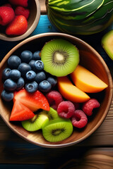 Healthy Superfood Bowl with Fruits and Seeds, Overhead Flat Lay