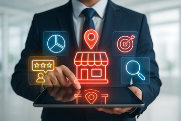 Local business marketing and digital strategy with a hand holding a tablet displaying a map pin, customer reviews, and a target icon