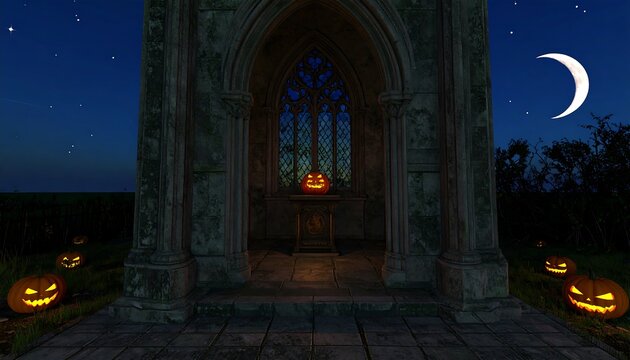 Gothic crypt at night with jack-o'-lanterns