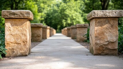 Pathway perspective framed by sandstone pillars leading towards verdant trees in peaceful outdoor