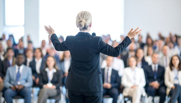 Businesswoman giving a presentation to a large audience