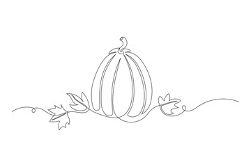 Autumn pumpkin in one continuous line drawing. Halloween and Thanksgiving greeting card in simple linear style. Fall harvest in editable stroke. Doodle vector illustration