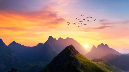 Obraz premium Peaceful mountain peaks under a glowing sky as a V-formation of birds passes above