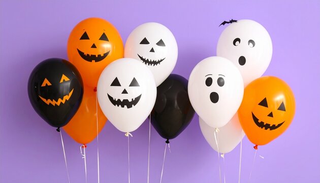 Five Halloween balloons—three white ghost faces and two orange jack-o'-lanterns—floating against light purple background. - Powered by Adobe