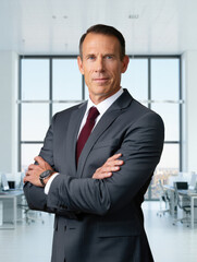 Fototapeta premium Man in a suit standing with arms crossed in an office setting with large windows and office furniture visible