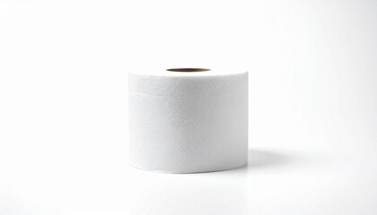 Single white toilet paper roll on plain white background, upright and unused with visible cardboard core.