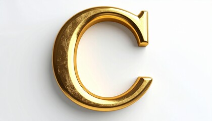 Metallic gold letter "C" with reflective texture on white background, elegant and dimensional typography.