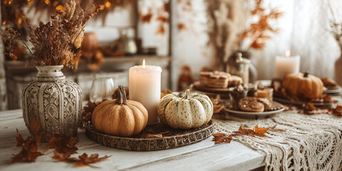 Naklejka premium Ein Tisch dekoriert mit Kürbissen Kerzen zu Halloween. Pastelfarbene Deko für schöne Feierlichkeiten.