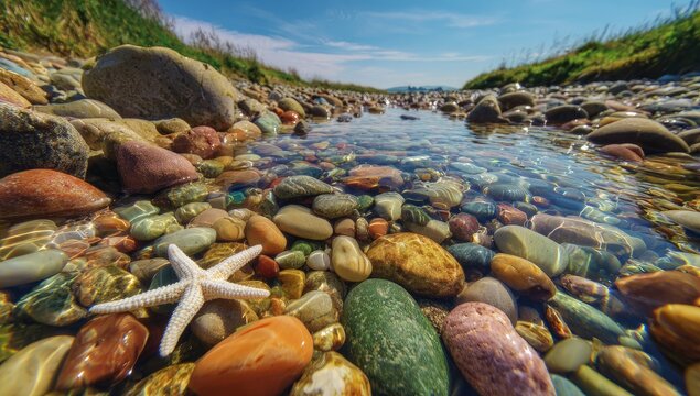 Clear shallow stream bed, colorful stones, starfish (1)